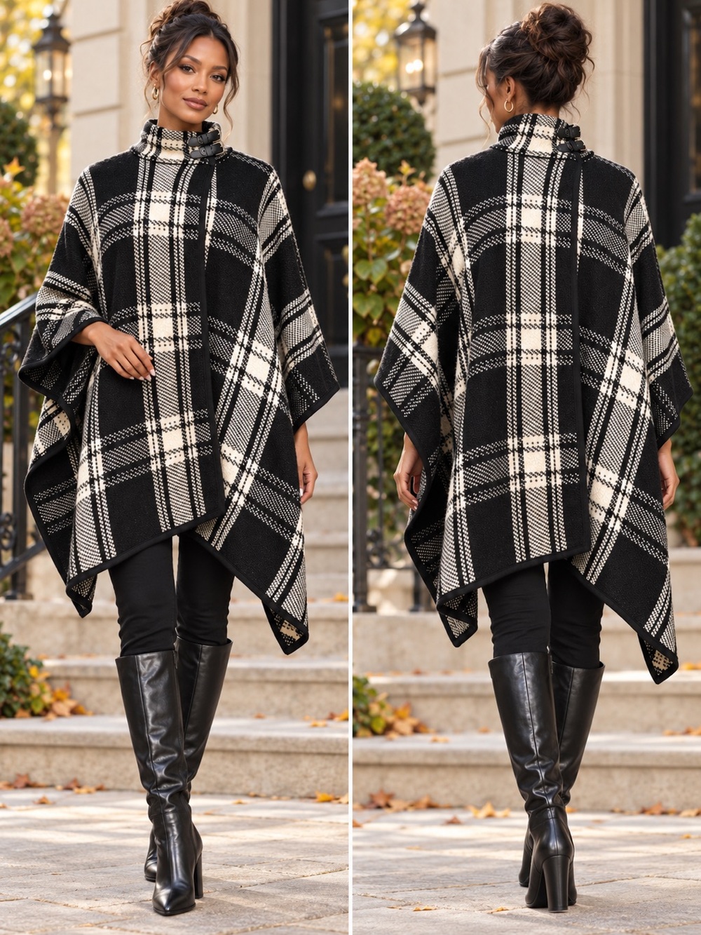 Lauren Ralph Lauren Black & Cream Plaid Poncho Turtleneck